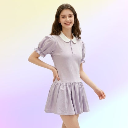 Lavender Purple onesie dress styled with a cardigan for cozy kawaii comfort