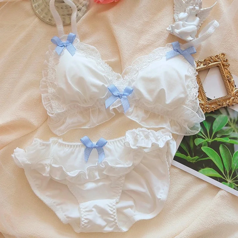 Flat lay of Baby Blue Angel Lolita lingerie set with bra and panties