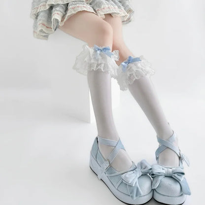Baby blue satin bow detail on doll ruffle stockings, soft girl style