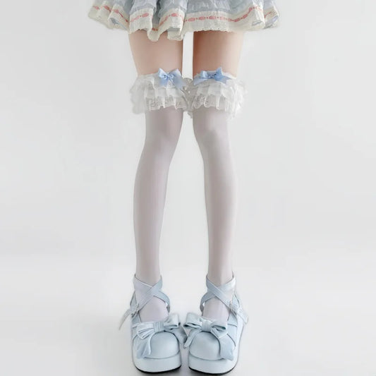 Layered lace ruffle cuff detail on baby blue doll bow stockings