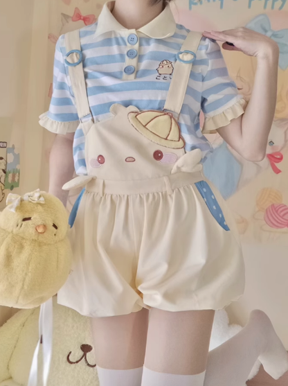 Baby Chick Yellow Suspender Set with pastel blue and white striped shirt, 3D wings, chick face, and mini hat, perfect for little space and ABDL play