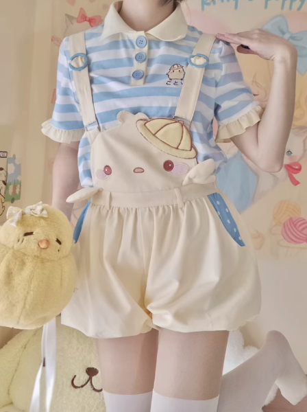 Baby Chick Yellow Suspender Set with pastel blue and white striped shirt, 3D wings, chick face, and mini hat, perfect for little space and ABDL play