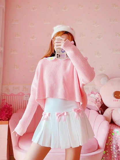 Model wearing Baby Doll Pink Bow pleated skort, DDLGirl brat coquette style