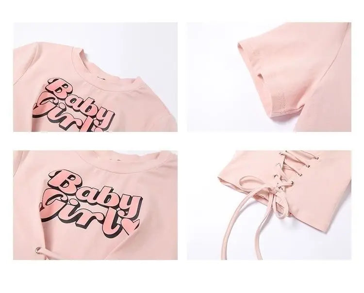Flat lay of Baby Girl brat lace up crop top in blue, pink, and black