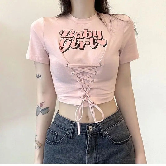 Pink Baby Girl brat lace up crop top with corset inspired lacing