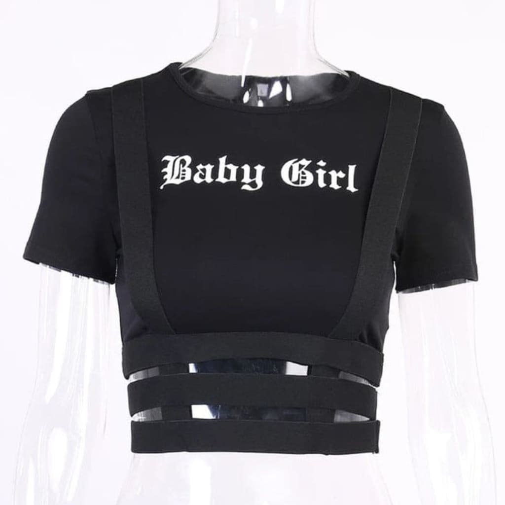 Baby Girl grunge crop top with bold front print and soft stretch fit, styled for alt streetwear fashion