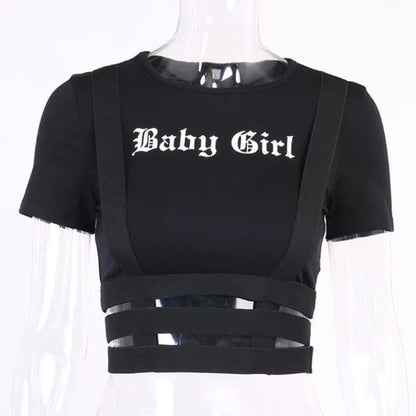 Baby Girl grunge crop top with bold front print and soft stretch fit, styled for alt streetwear fashion