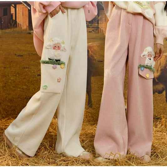 Pasture Baby Sheep Pocket Pants in white and pink with plush sheep patch and floral embroidery for DDLG and kawaii fashion