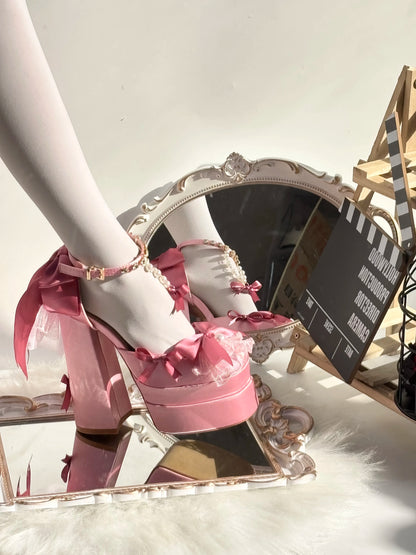 Cute babycore Lolita Bombshell Pink Heels with delicate tutu and pastel color palette