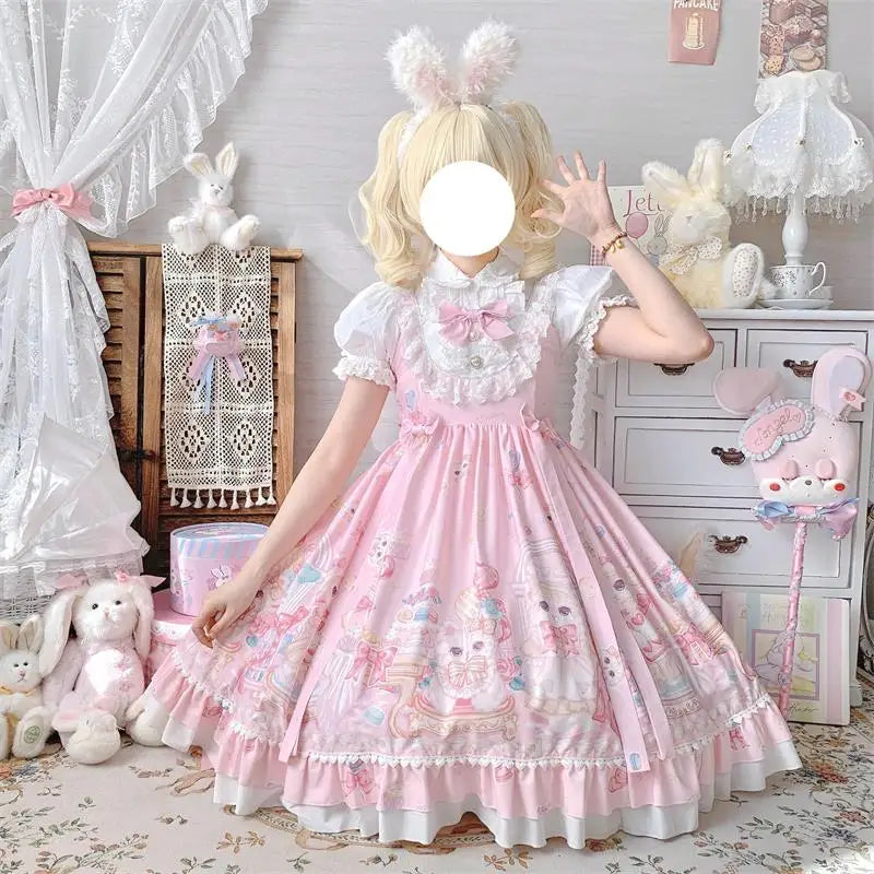 Babycore Sugar Rush Kitten Dress in Lolita style with flowy chiffon and cute kitten hem print