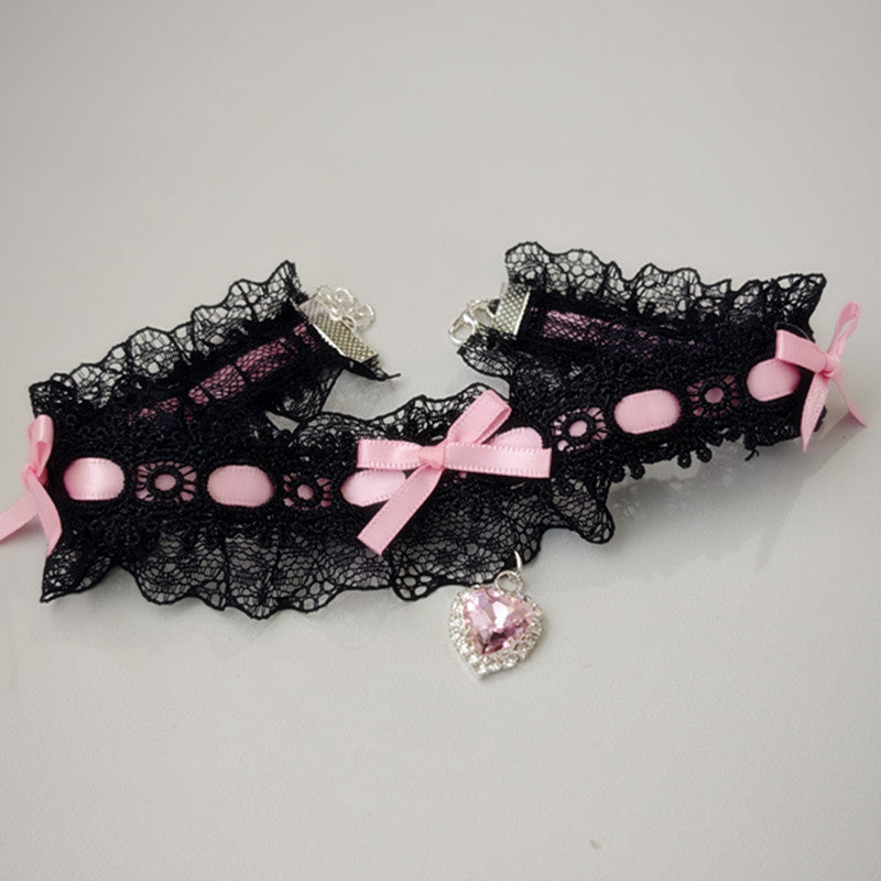 Babydoll Lacy Ribbon Choker, DDLG/DDLGirl soft girl accessory, mini heart crystal, pastel and black variants