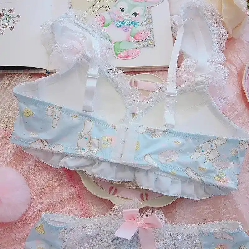 Rear view of blue bra in DDLG ABDL style with pastel touches