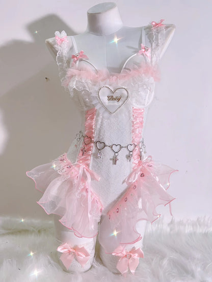 Ballerina corset set in pink with heart details and soft glam satin fabric, perfect for babygirl DDLG and ABDL style