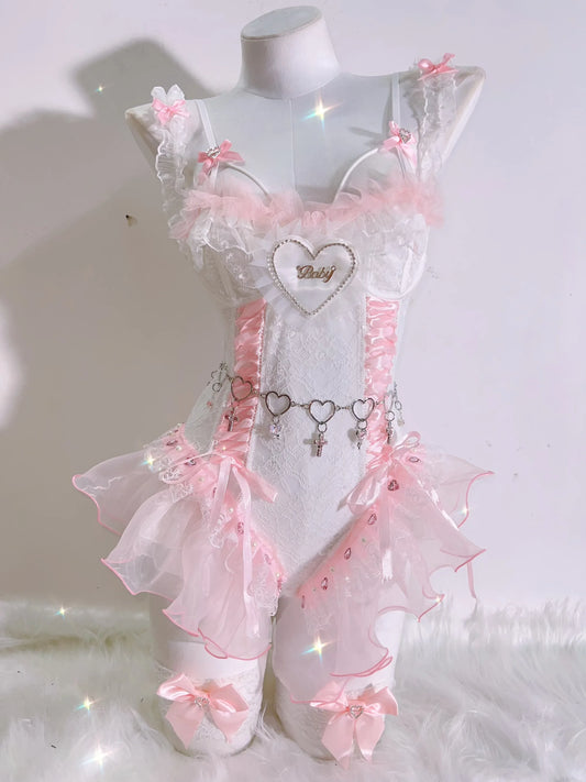 Ballerina corset set in pink with heart details and soft glam satin fabric, perfect for babygirl DDLG and ABDL style