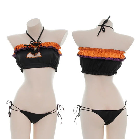 Bat Cutout Ruffle Lingerie Set front view, black and orange ruffle crop top with bat cutout and matching panties, spooky cute goth lingerie 🖤🎃