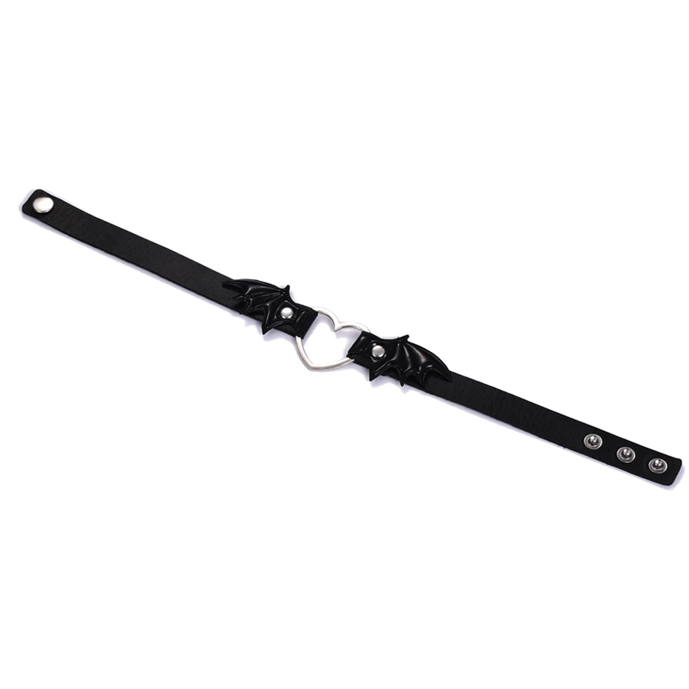 Adjustable leather bat heart choker with buckle and bat wing accents