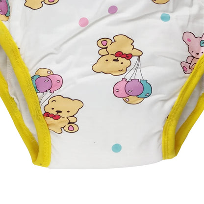 Snuggle Bear training pants with bear, bunny, and balloon prints, padded for extra coziness and comfort