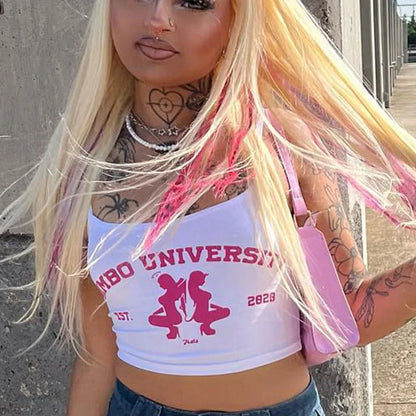 Flirty Bimbo University crop top available in sizes S to L, machine washable polyester fabric