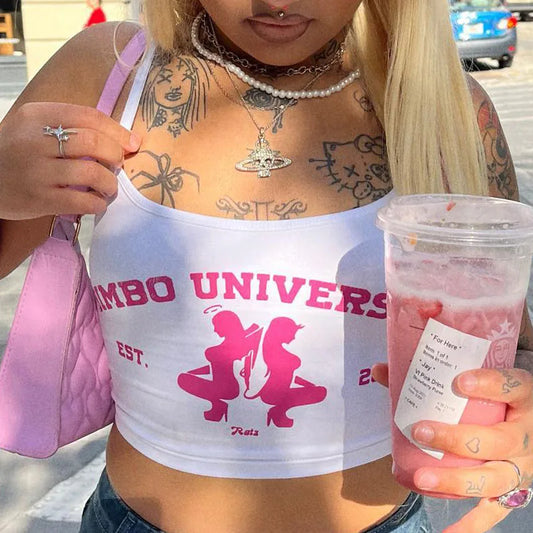 Bimbo University graphic crop top in pink polyester with fitted silhouette for bold confident style