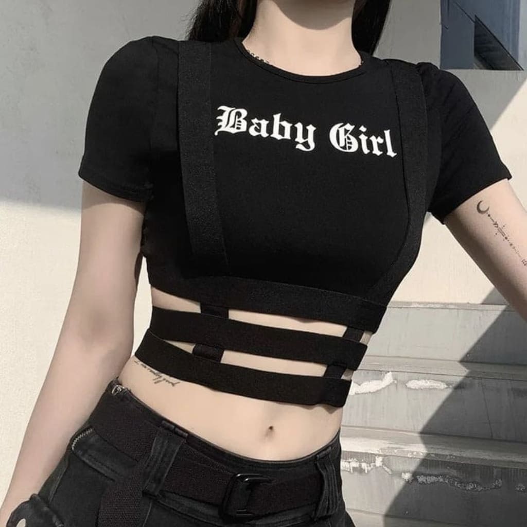 Black cropped top with “baby girl” lettering, perfect for grunge, Y2K, and edgy aesthetic outfits