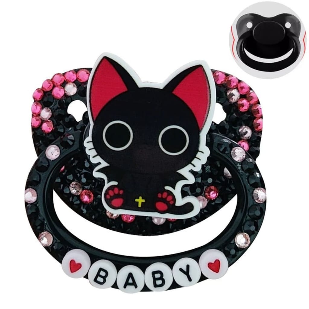 Midnight Meow Pacifier featuring sleek black cat design and soothing silicone nipple for nighttime cuddles and comforting regression play.