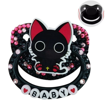 Midnight Meow Pacifier featuring sleek black cat design and soothing silicone nipple for nighttime cuddles and comforting regression play.