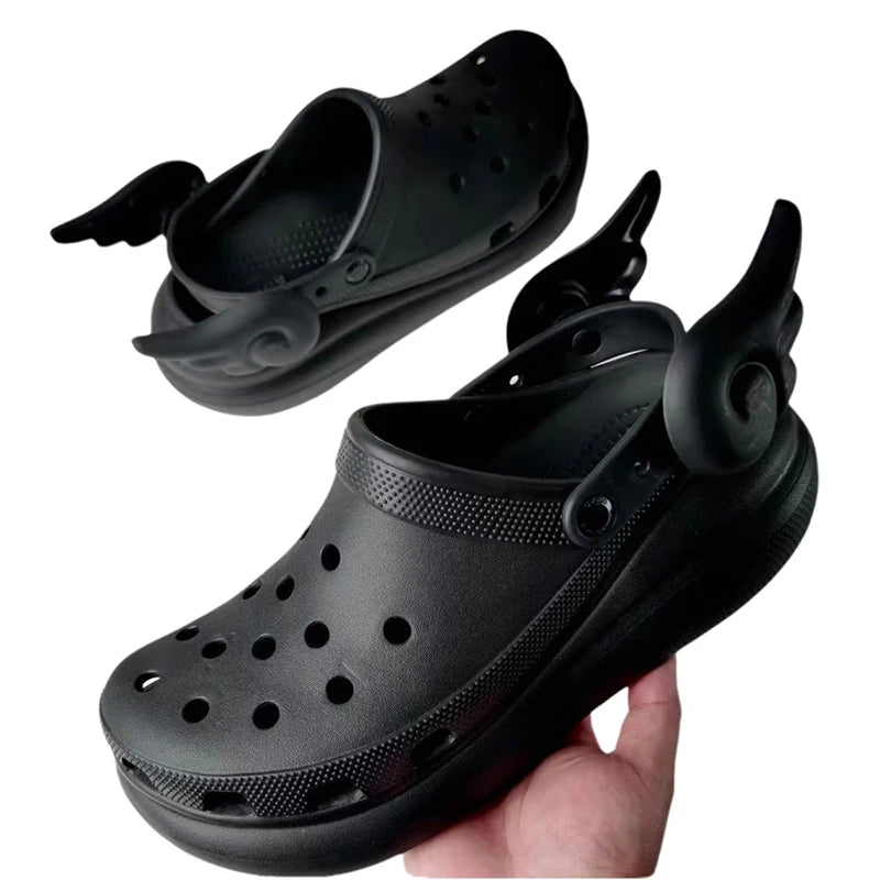 Black angel wings on Crocs – cute DIY shoe charm for kawaii lovers