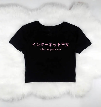 Black E-Princess crop top with kawaii Japanese text, soft stretch fit, and e-girl aesthetic.