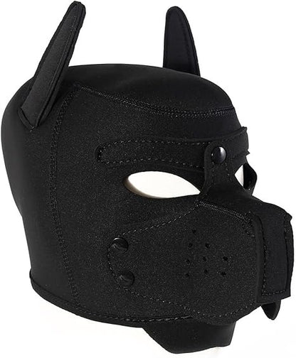 Black furry pup mask for DDLG, flirty sub petplay, and playful puppy cosplay.