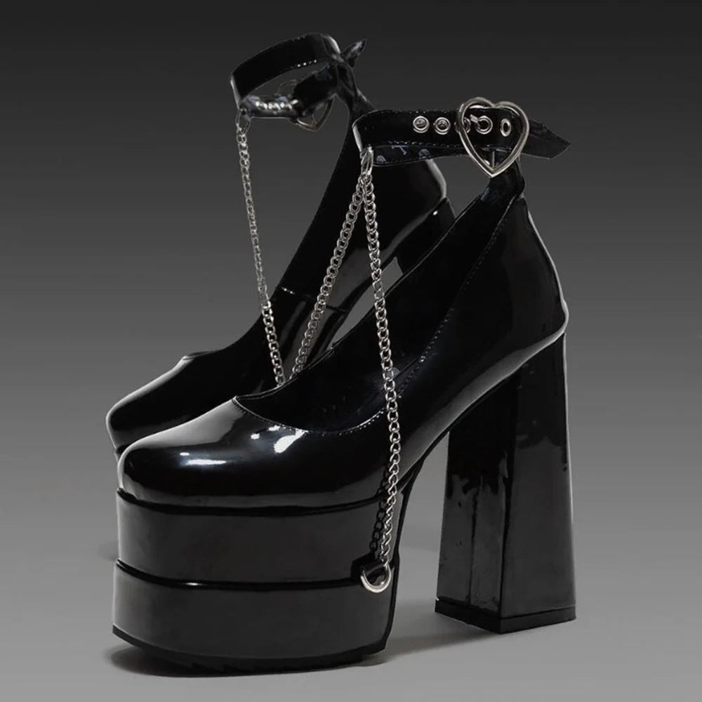 Sexy ddlg black platform heels with heart buckle and chain design