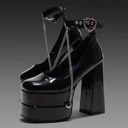 Sexy ddlg black platform heels with heart buckle and chain design