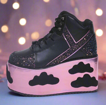 Black holographic glitter DDLG little platforms for kawaii cutecore, roleplay, and dreamy doll aesthetics