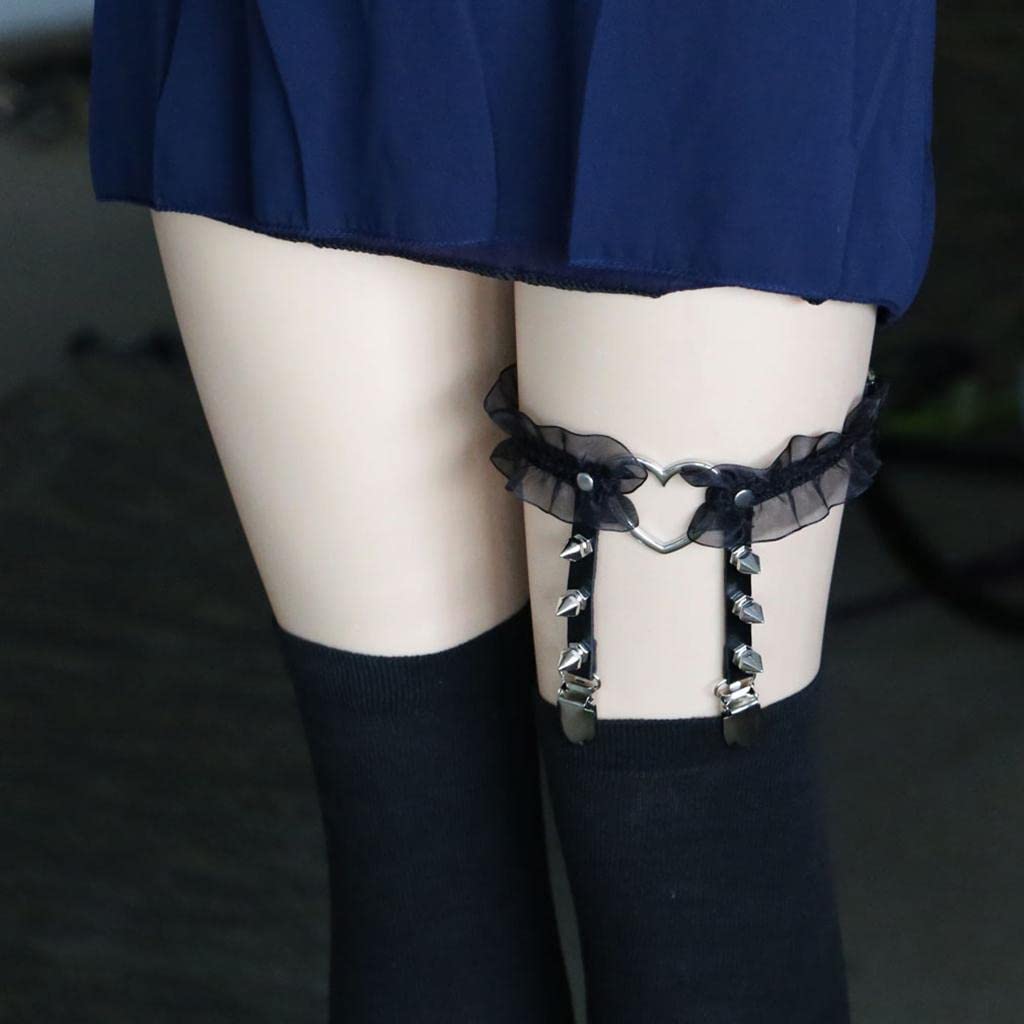 Black kawaii heart spike garter with frills, DDLG and DDLGirl fashion accessory