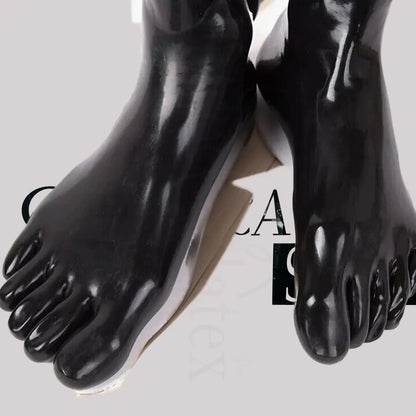Close-up of toe section, strappy black latex foot socks, flirty cutebaddie aesthetic