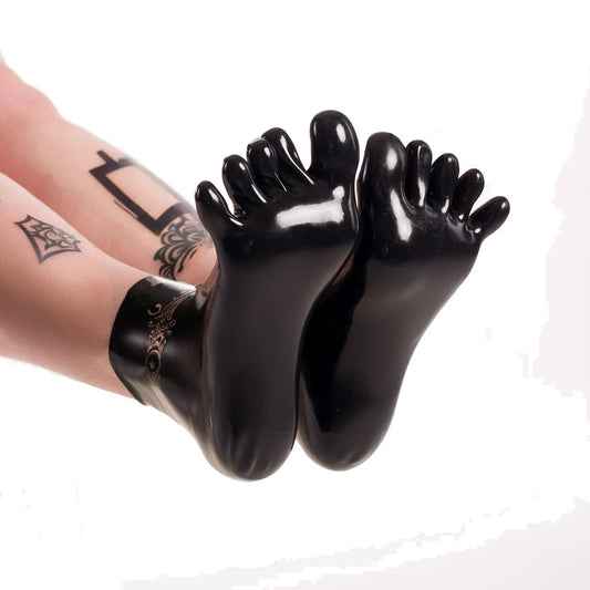 Black Latex Fetish Foot Socks, front & back view, glossy strappy latex, edgy fetish vibes