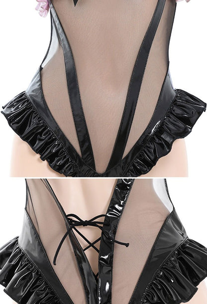 Detail of ruffled hip sides on Black Latex Kitten Bodysuit Set, playful kitten cosplay accessory design