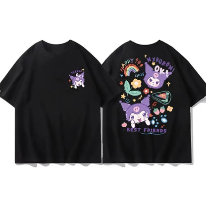 Black tee featuring Happy Nykuromi best friends graphic in cute pastel kawaii style