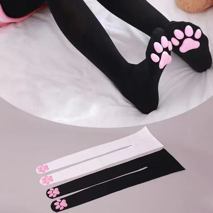 Black plush pawprint stockings with 3D texture, comfy stretchy fit for DDLG ABDL kawaii fashion lovers