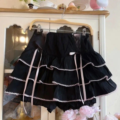 Black Fairycore Lolita High Waist Ribbon Skirt with pink ribbon lace-up design for kawaii princess looks