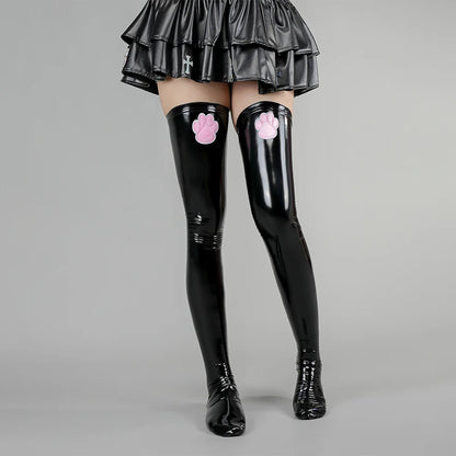 glossy black latex paws stockings with pink paw design for kawaii DDLG ABDL petplay and cosplay