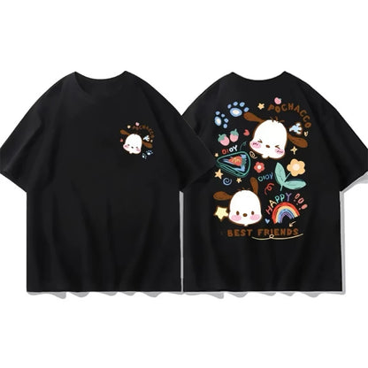 Black Pochacco Happy Best Friends tee with pastel accents and adorable friendship design
