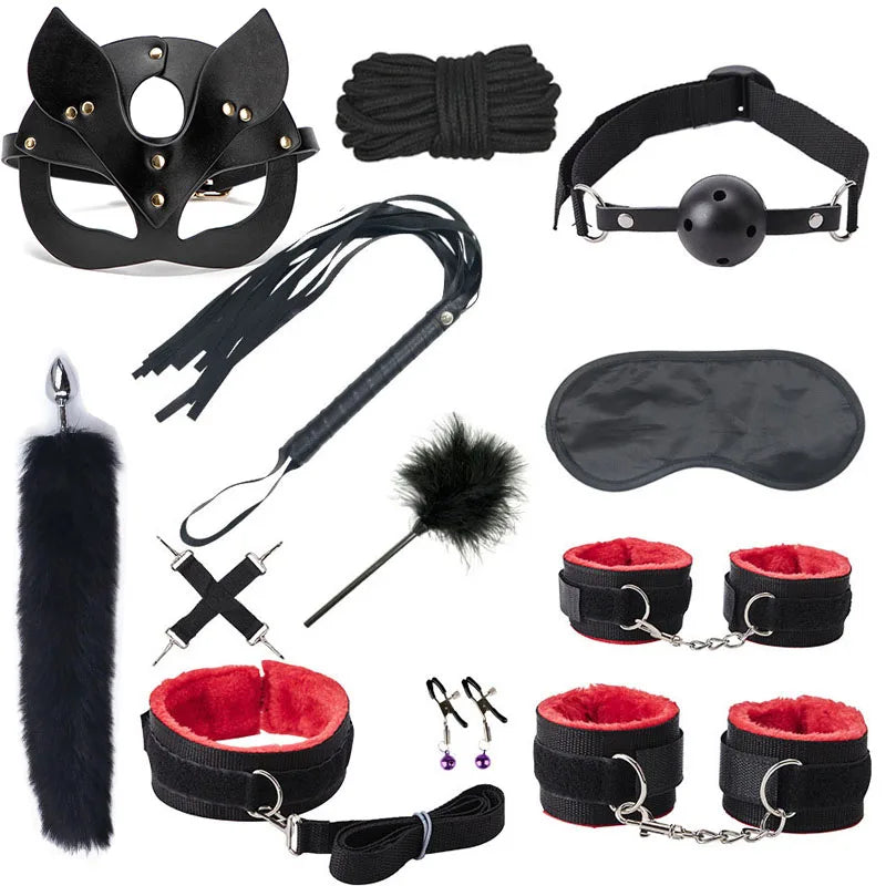 black and red kinky set with handcuffs, mask, and rope for kinky play ddlg roleplay
