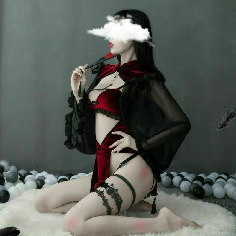 Black and red Queen of Black Hearts lingerie, occult witch aesthetic, DDLGirl, flirty dollcore, midnight velvet set