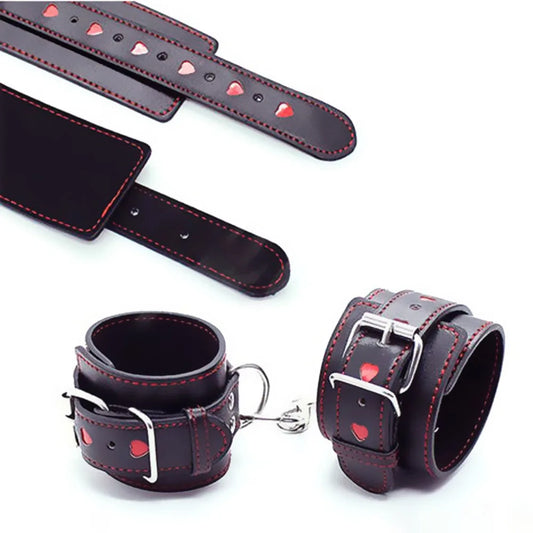 Black hand cuffs with red mini hearts for DDLG fantasyplay, cutebaddie aesthetic, and flirty roleplay