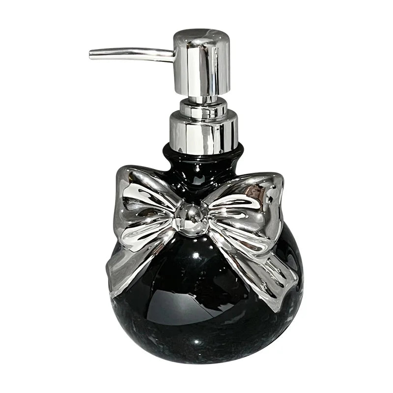 Black and silver princess bow soap dispenser, chic kawaii aesthetic, perfect for elegant playful spaces