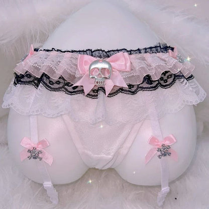 Dead Cute Skull Thong Set with flirty straps, Lolita lace, and soft stretch fit for DDLG or Y2K looks