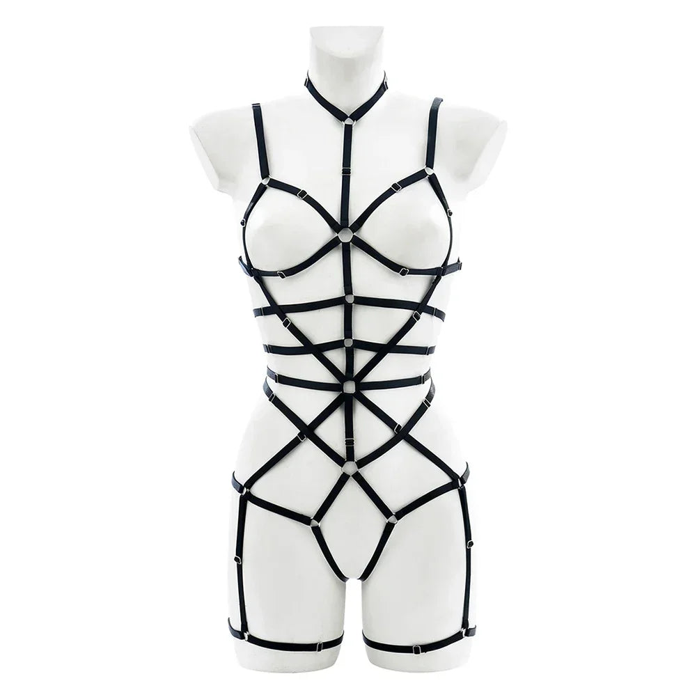 Black Strap to the Max Harness Set, one size fits 40–65 kg (88–143 lbs), edgy cutebaddie style, festival fashion, lingerie layering