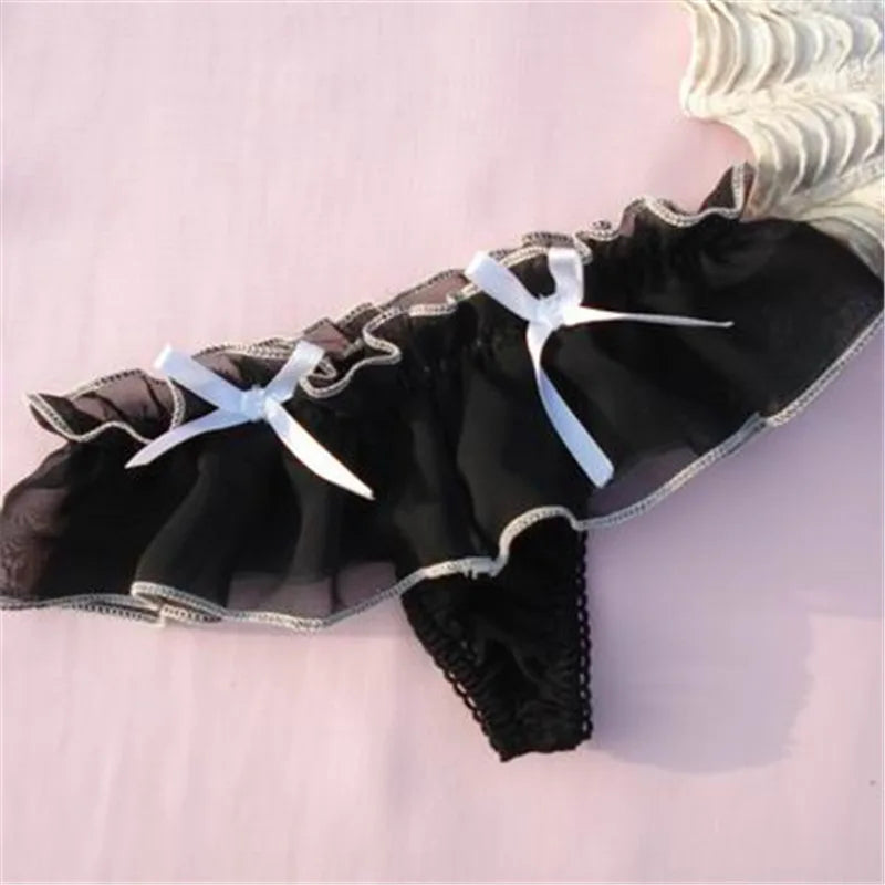 Black thong with white frilly ribbons, kawaii ddlg lingerie cutecore style