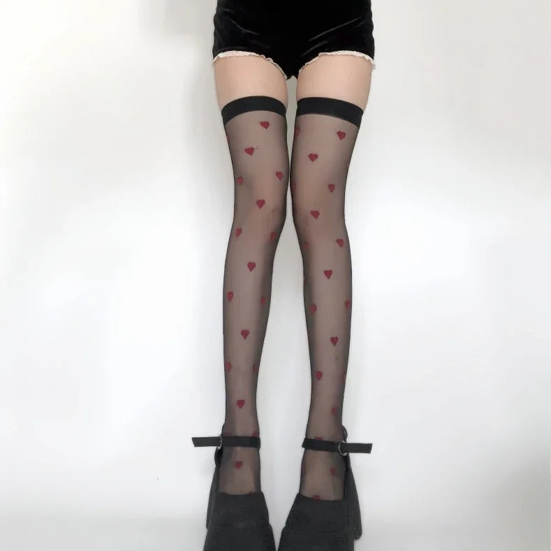 Black and white Love Notes Valentine stockings with red mini hearts for cutecore and ABDL fashion