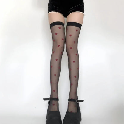 Black and white Love Notes Valentine stockings with red mini hearts for cutecore and ABDL fashion